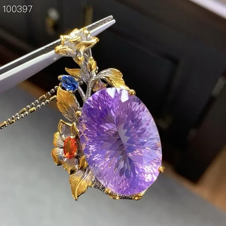 Natural Purple Amethyst Pendant, 925 Silver Two-Tone Finish 21x28mm Vintage Handmade No Chain, Crystal Jewelry Gift for Women