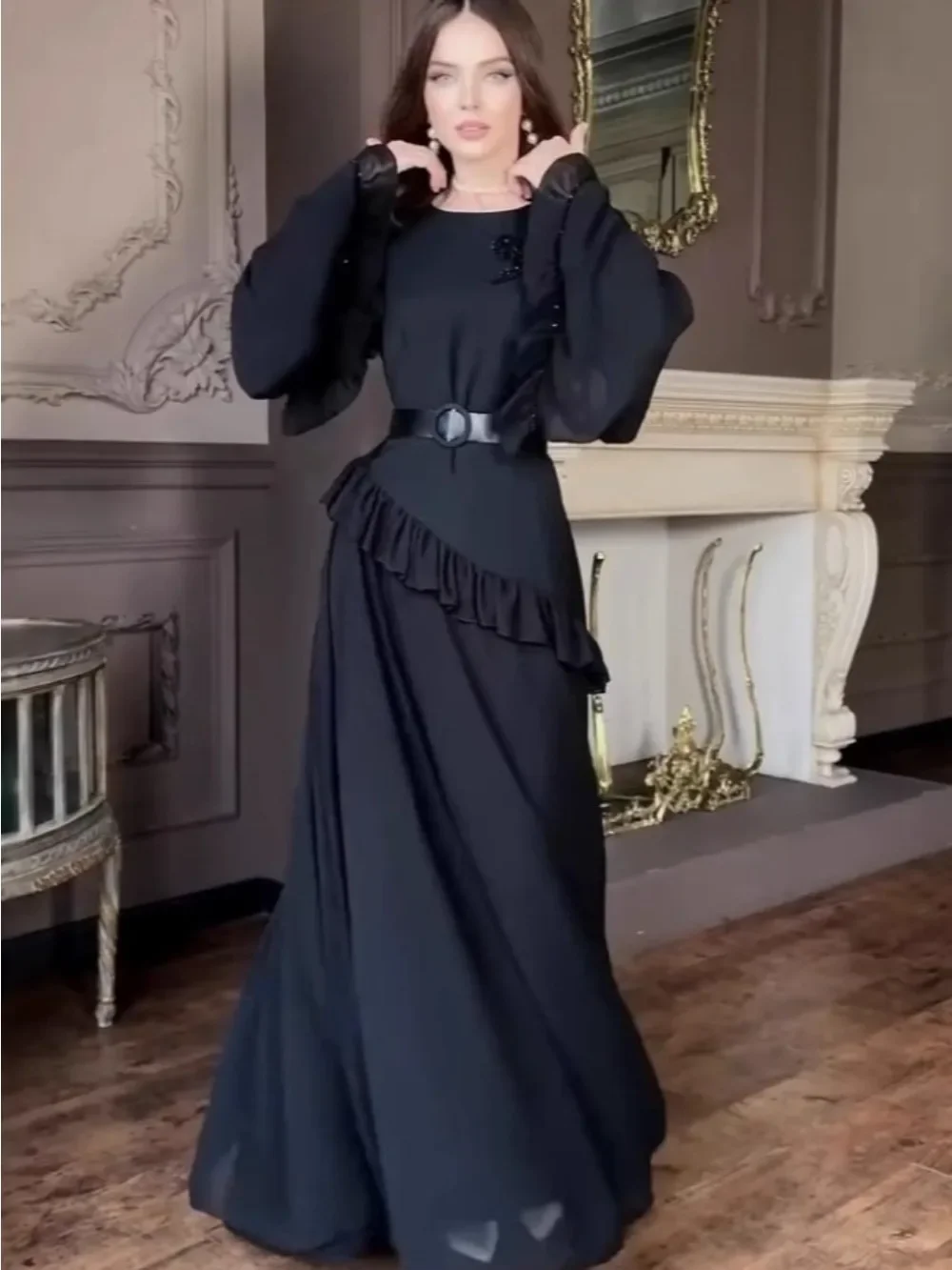 Eid Women Dress Muslim Autumn Ruffle Abaya Dubai Vestidos Largos Long Dresses Kaftan Arab Robe Party Caftan Jalabiya Ramadan