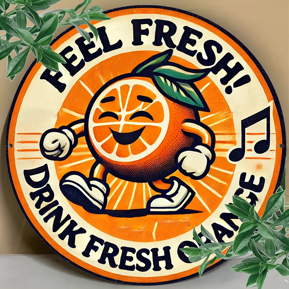 2D flach, 1 Stück 20,32 x 20,32 cm Vintage-Aluminium-Metallblechschild – frische orangefarbene Wandkunst mit „Feel Fresh!“ Trinken Sie frisches Design, Wasser