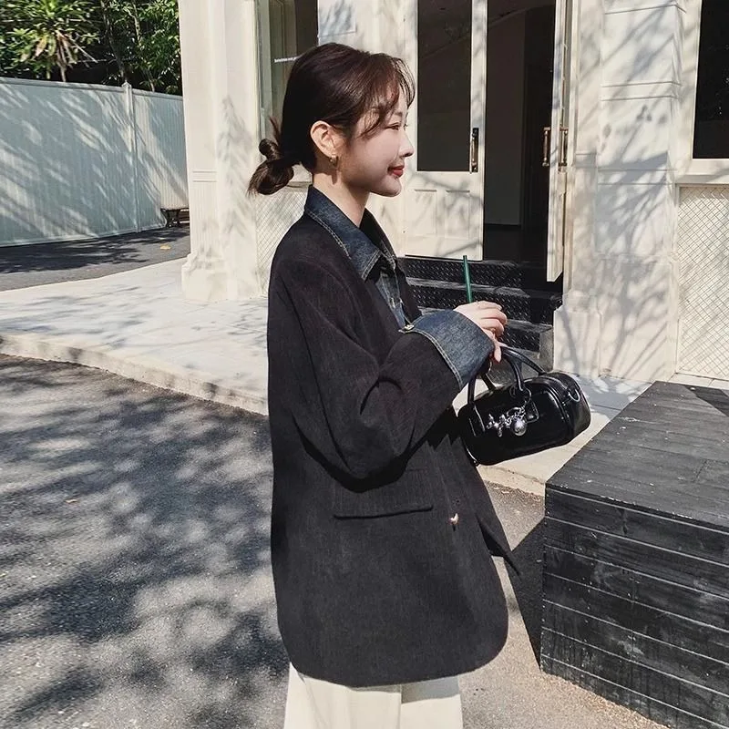 

2025 Spring Women's Black Corduroy Blazer, Korean Style Chic Vintage Denim Patchwork Suit Jacket, High-End Office & Commute Wear