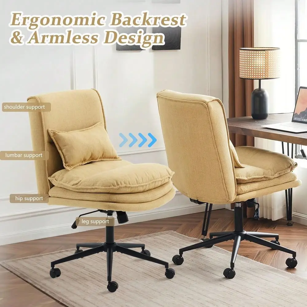 Criss Cross Legged Chair,18 High Back Armless Home Office Desk Chair With Wheels,Wide Adjustable Comfy Padded Seat Task Compute