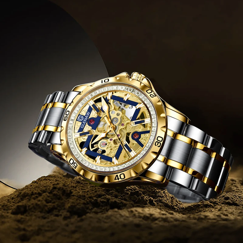 2025 NEW GLENAW Mechanical Watch Men Night Light Waterproof Top Luxury Automatic Mechanical Watch Stainless steel watch strap