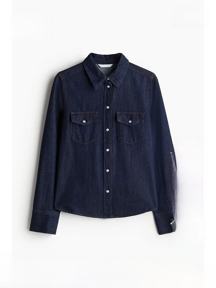 

H&M Women's Casual Fashionable Denim Shirt Summer Ladies Retro Style Long Sleeve Cotton Classic Collar Regular Length
