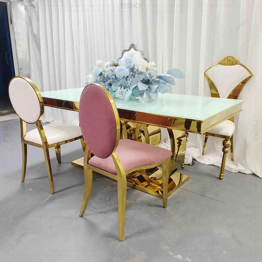 

FSDKX Contemporary Design Glass Top Dining Table Hotel Golden Stainless Steel Table for Wedding Party