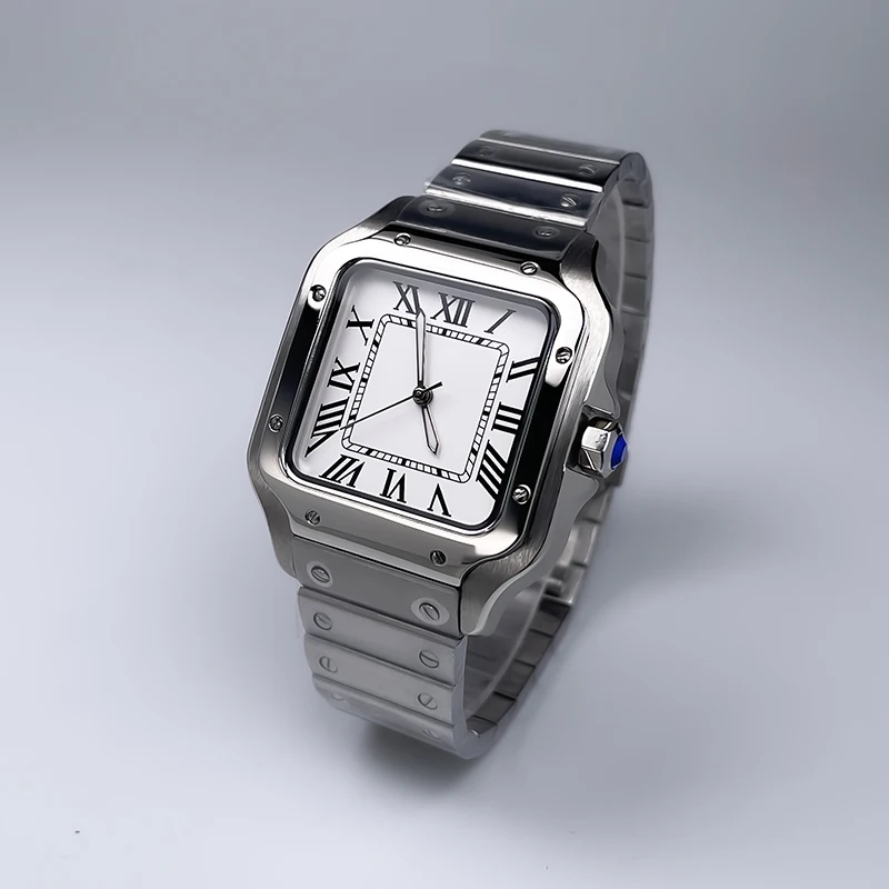 Montre mécanique automatique de luxe carrée pour hommes, 38mm, mouvement NH35, argent, sans date/logo, bracelet en acier inoxydable, noir/bleu/blanc