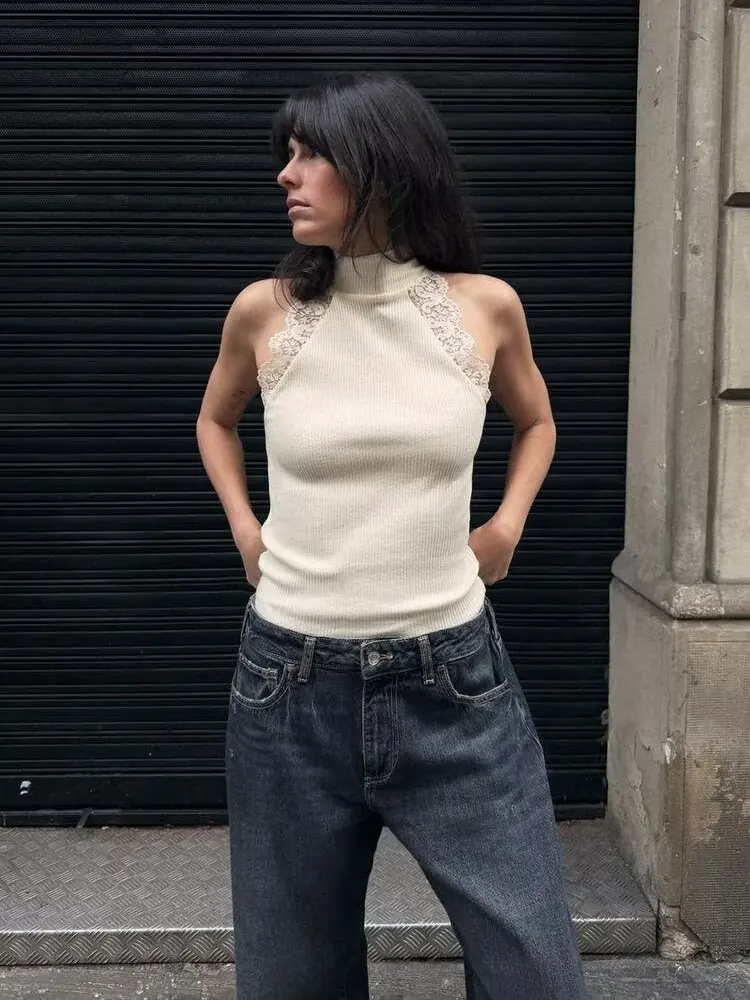 

Новая летняя женская футболка с высоким воротником, простой крой, модный кружевной топ в рубчик для молодежи 8-25 лет