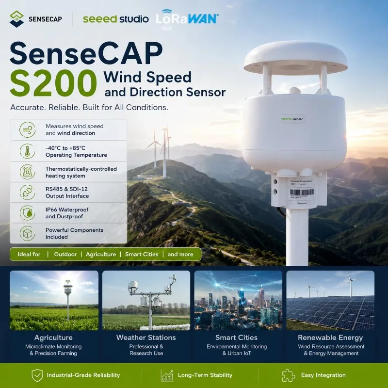 S200 White Wind Speed and Direction Sensor (ultrasonic) for Outdoors, Agriculture, or Smart Cities.