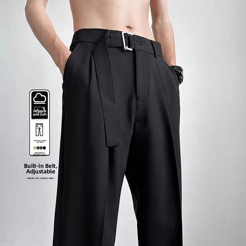 

Naples Men's Casual Trousers High Waist Lightweight Straight Leg Pants with Belt Drapey Fabric Faionable Polyester Blend