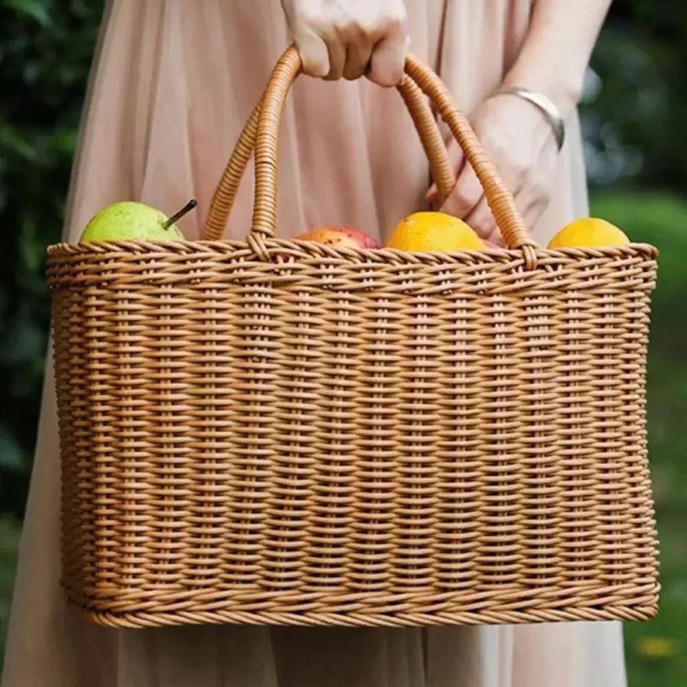 Organizador de almacenamiento para el hogar, cesta tejida de mimbre con asa, cesta de Picnic portátil, cesta de flores Rectangular tejida a mano, fruta