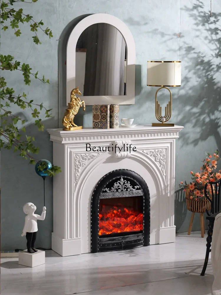 

FG10French Fireplace Mantel Entrance Cabinet Wood Carving Flower Living Room Simulation Flame Curio Cabinet