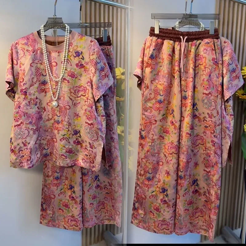 

Summer Women Wide-leg Pants Ice Silk Two-Piece Suit Fashion Elastic Waist 202New Suit Ladies Casual Loose 2 Piece Set