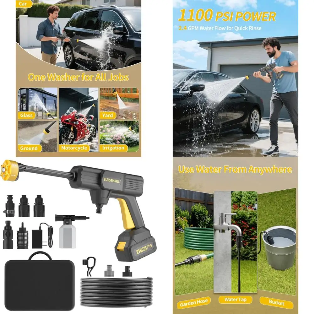 

Аккумуляторная портативная мойка высокого давления 1100 фунтов на кв. дюйм, 2,4 галлона в минуту, с насадкой 6-в-1, пенной насадкой, аккумулятором 21В и ручным управлением для дома и автомобиля