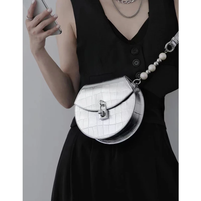 

circular genuine leather shoulder bags with lock real leather beading bags cow leather small crossbody bags for women