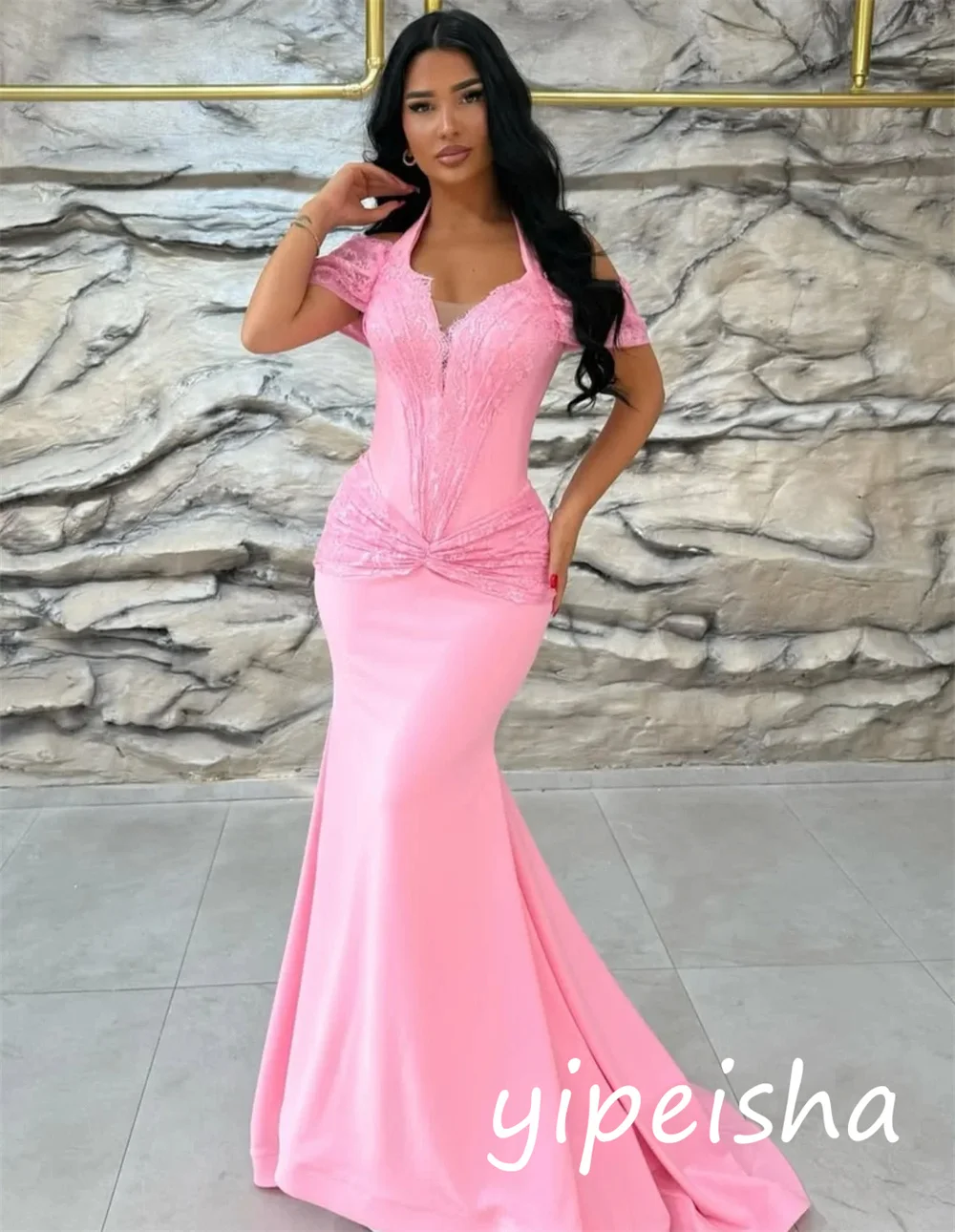 Customized Chinese Style Jersey Pleat Trumpet Off-the-shoulder Long Dresses Bespoke Occasion Exquisite
