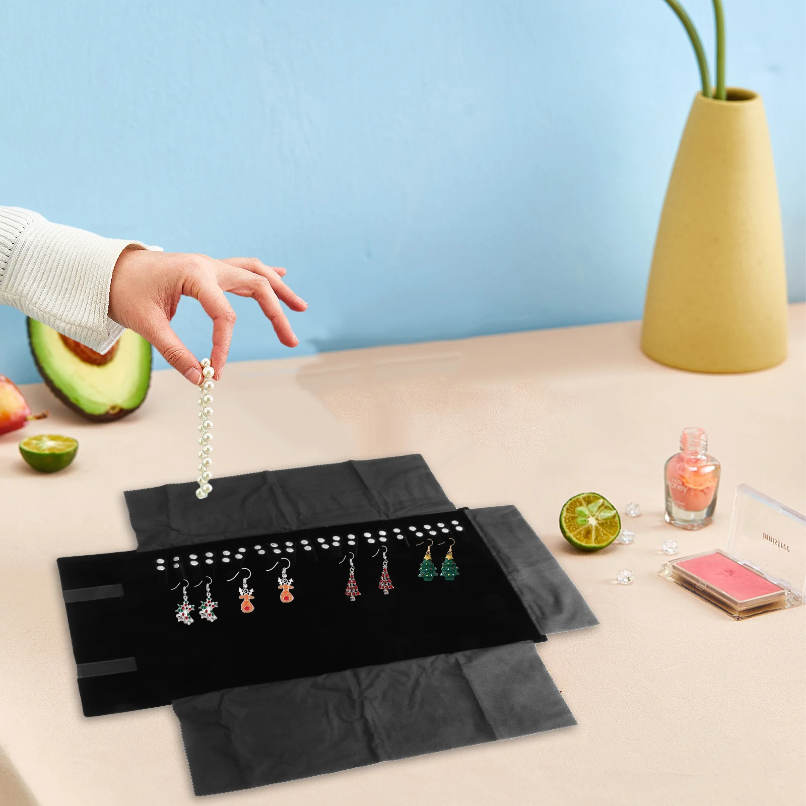 Premium Quality Jewelry Roll Pouch Black Necklace Bracelet Organizer Portable Travel Storage Bag Compact Design