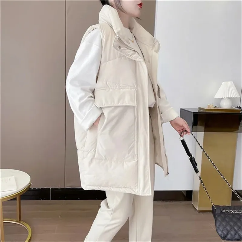 2023 New Women\'s Vest Jacket Down Cotton Vest Autumn Winter Jacket Thicken Loose Long Coat Female Sleeveless Waistcoat Snow Wear