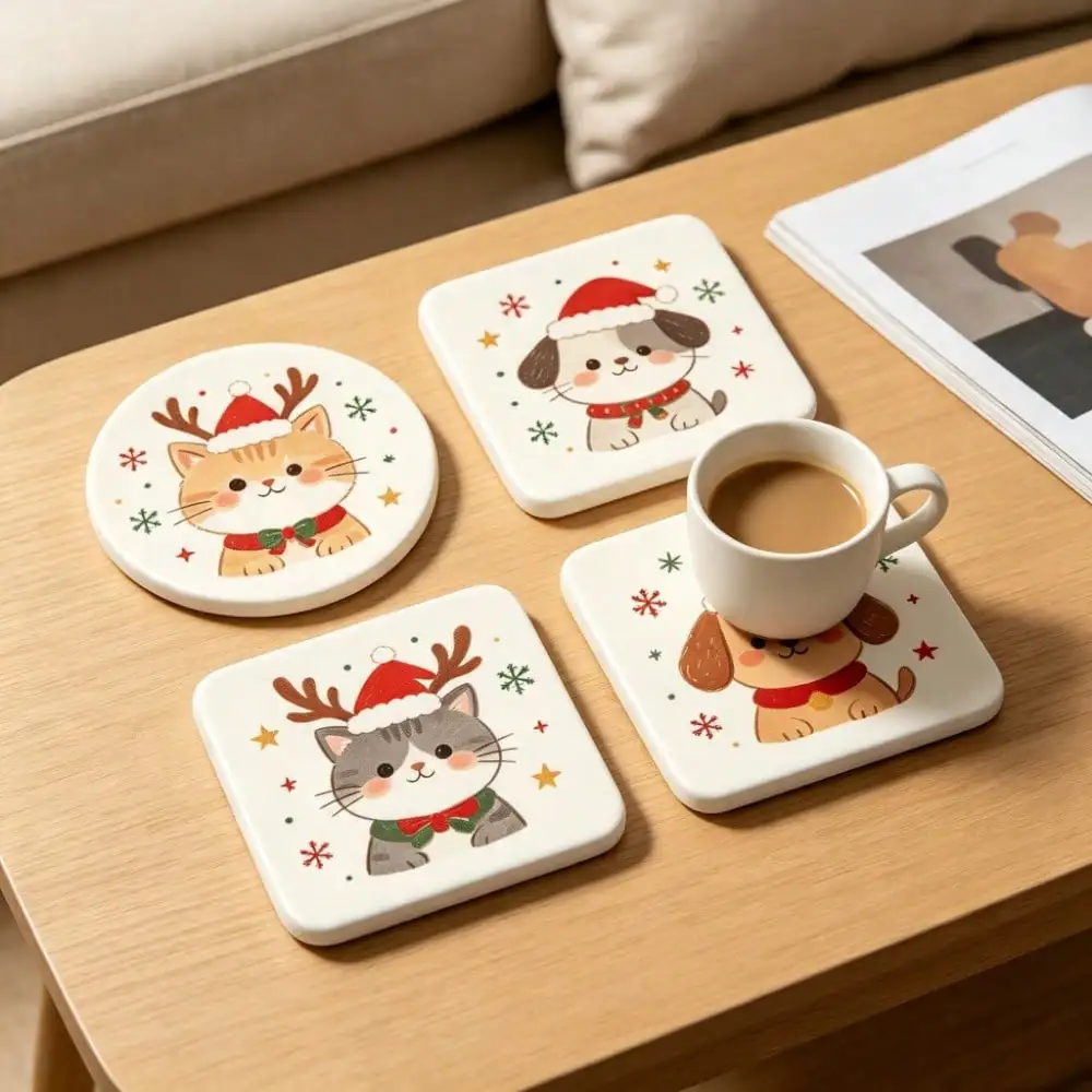 Cute cartoon Christmas pet acrylic coaster set featuring cats and dogs wearing Santa hats and reindeer antlers.