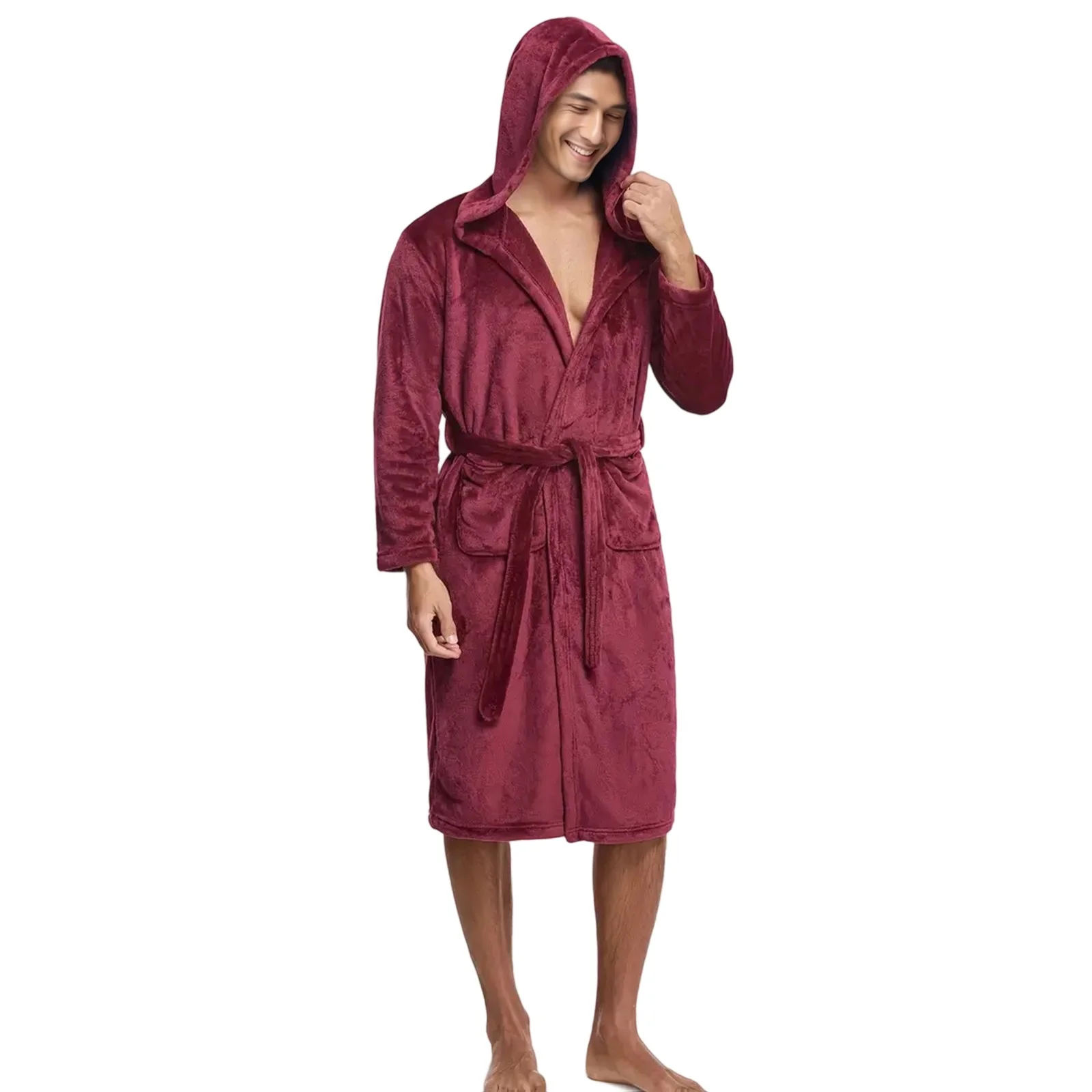 2026 معطف شتوي رجالي أفخم الصوف مقنعين رداء الذكور موضة لينة الدافئة طويلة البشكير مع جيوب ، دافئ سبا دش الجلباب