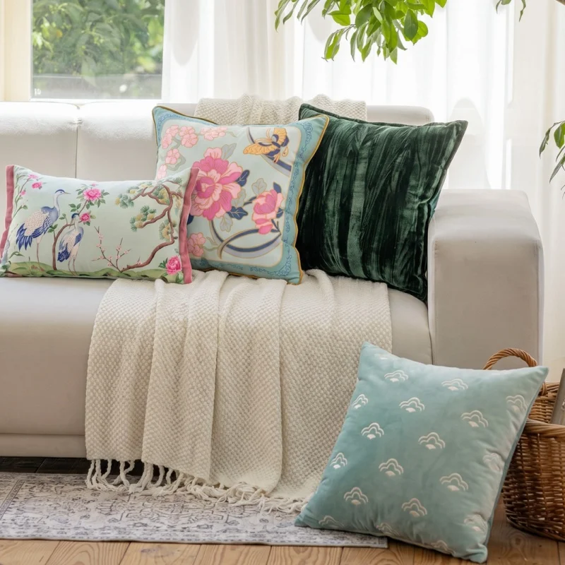 Chinese Crane Print Pillows Pink Green Color Cushion Case Country Style Flora Decorative Pillow Cover For Sofa Chair Home Decor