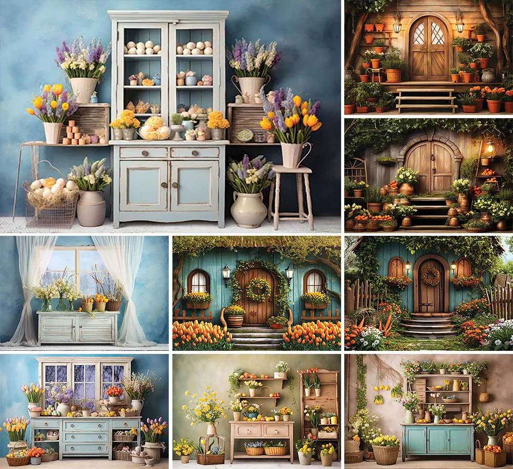 Mehofond Photography Background Spring Easter Wooden House Flowers Children Birthday Party Portrait Decor Backdrop Photo Studio