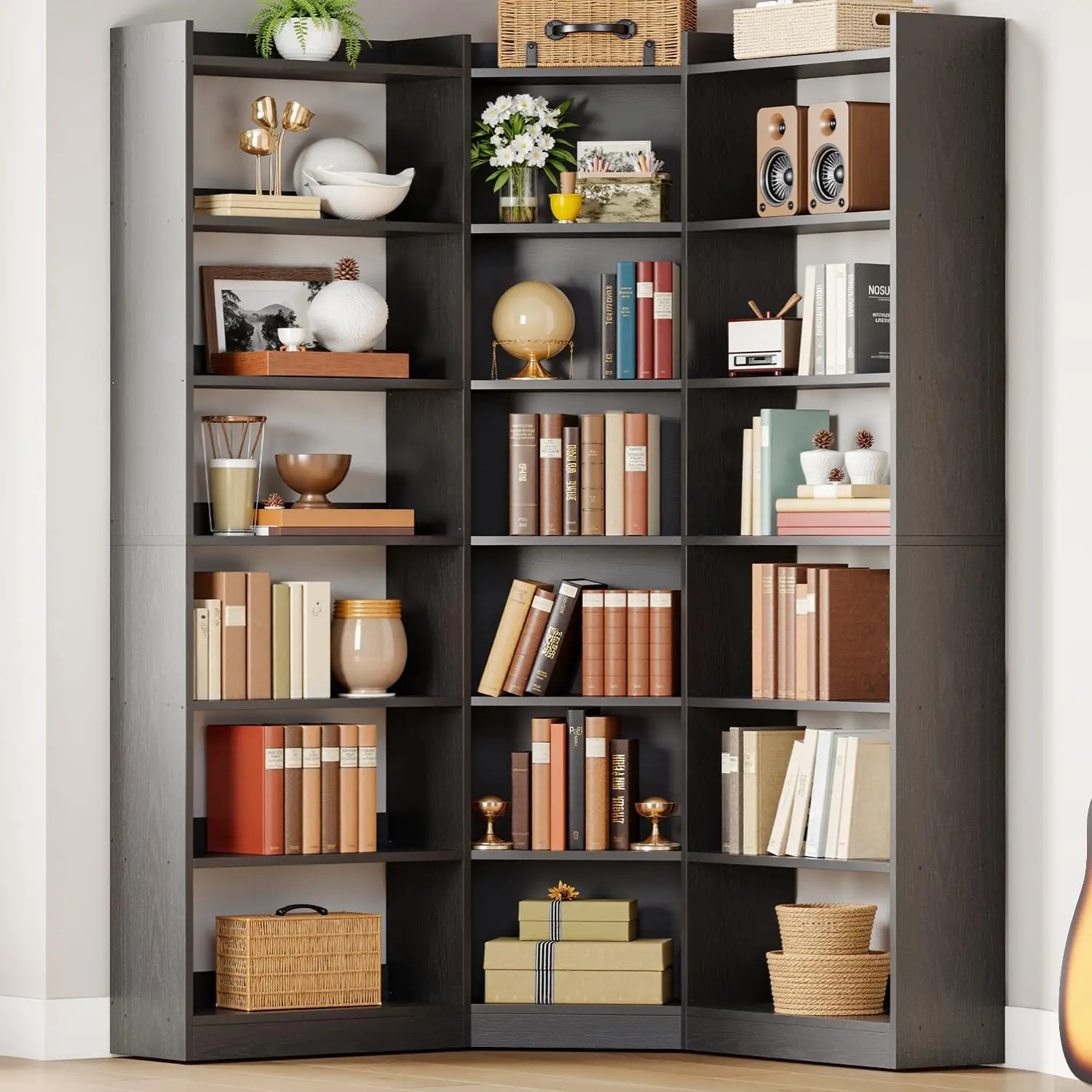 

7-Tier Corner Bookshelf with Storage, Space-Saving Bookcase for Living Room, Office & Bedroom in Black