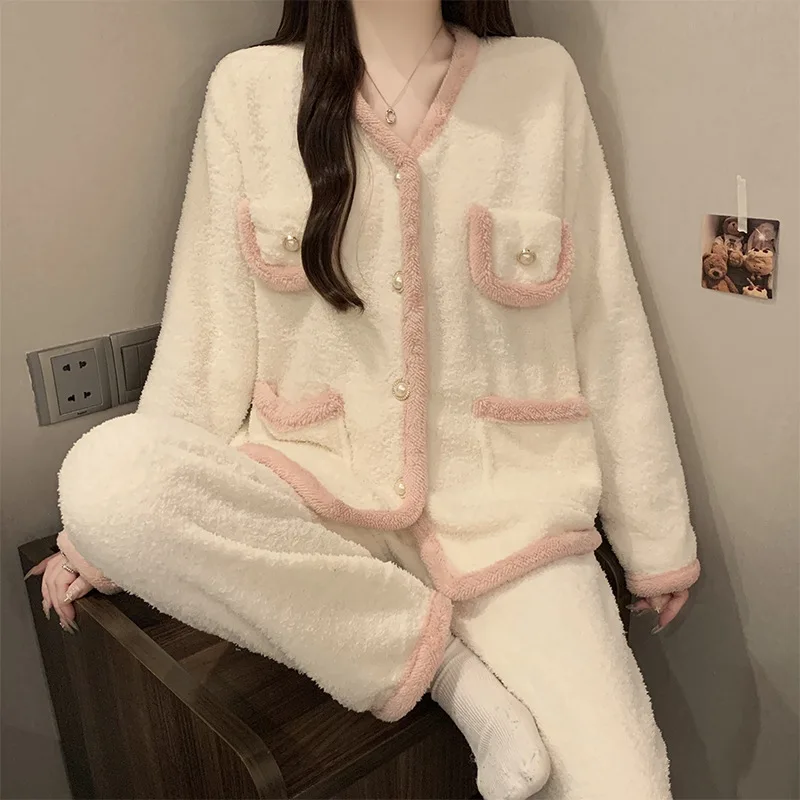 

Half Fleece Pajamas Set Women Winter Thickened Sleepwear Korean Students Loungewear Coral Home Clothes Cardigan Trousers Outfits