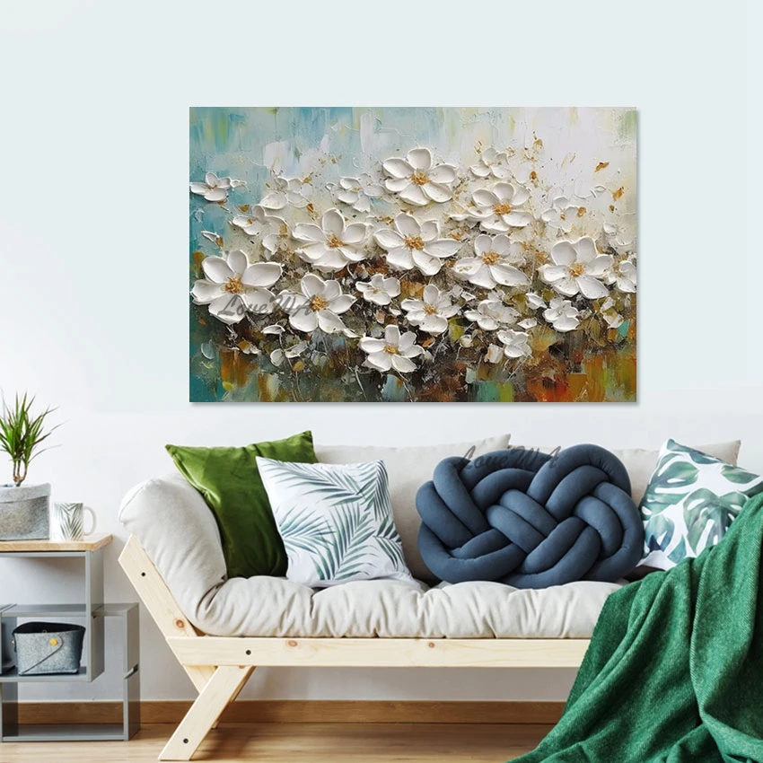 Handpainted Wall Picture For Bedroom Knife Art White Simple Thick Textured Abstract Flower Painting Home Decoration Objects