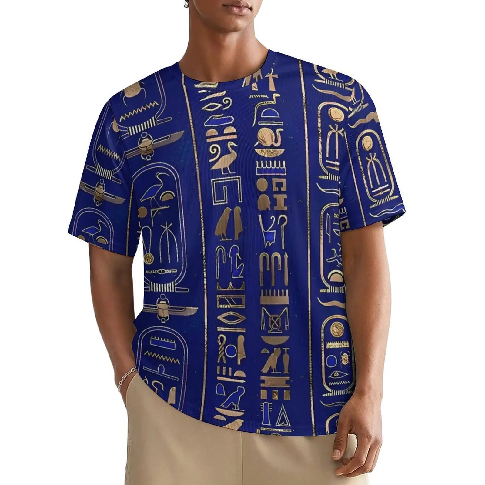 Ancient Egyptian Art Hieroglyphs Gold T-Shirt Hip Hop T Shirts Couple Basic Tee Shirt Beach Short-Sleeve Graphic Tees Big Size