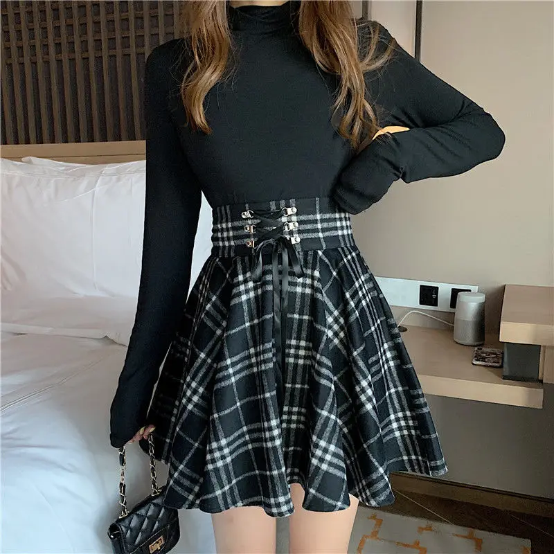 Y2K Skirt Women 2023 Korean Fashion Woolen Plaid Skirt Lace Up High Waist Harajuku All-match School Preppy Mini Skirts for Girls