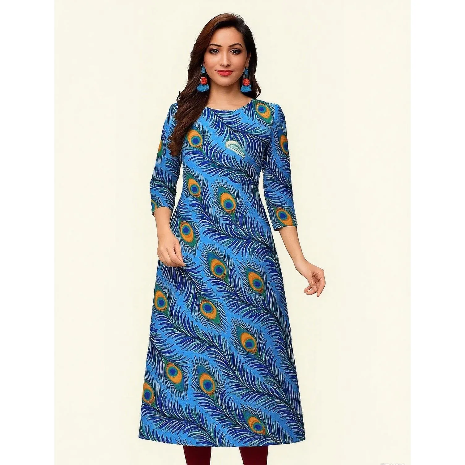 فستان Kurtta نسائي عصري مستقيم أنبوب غير رسمي بفتحة مشرقة وحاشية أنماط الطاووس رداء عربي تقليدي عربي مسلم #5