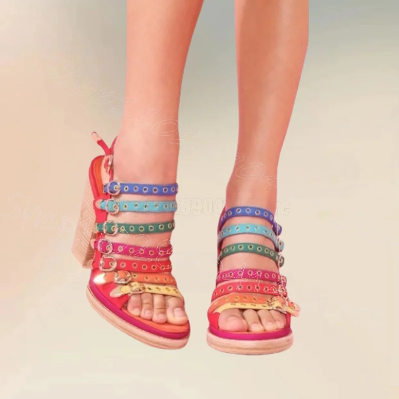 

Colorful Strappy Metal Buckle Circle Sandals Buckle Strap Women Shoes Chunky High Heels Open Toe Dating 2025 Zapatos Para Mujere