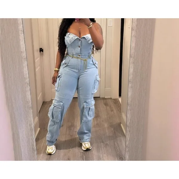 Sexy Women's Jumpsuit Streetwear Fashionable Strapless Single-Breasted with Multiple Pockets Sleeveless Conjoined Body Pants