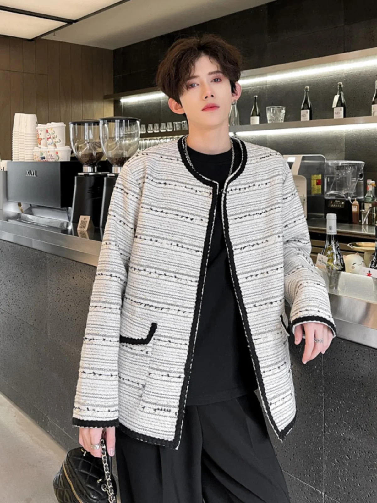 

Свободная мужская куртка из грубого твида с воротником в Корейском стиле, весенне-осенняя модная универсальная верхняя одежда