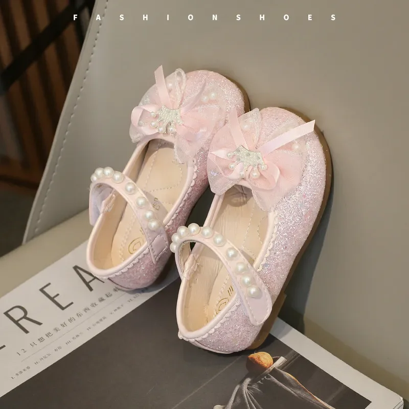 Girls Mary Jane Shoes with Bow-knot Fashion Kids Pearls Crown Princess Shoes for Party Wedding Children Leather Shoes Non-slip