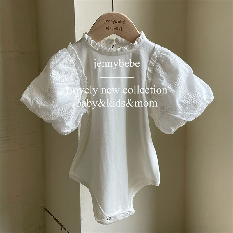 

Lace Bubble Sleeve Toddler Girls White Romper Jumpsuit Summer Newborn Baby Soft Breathable Bodysuit Korean Infant Clothing