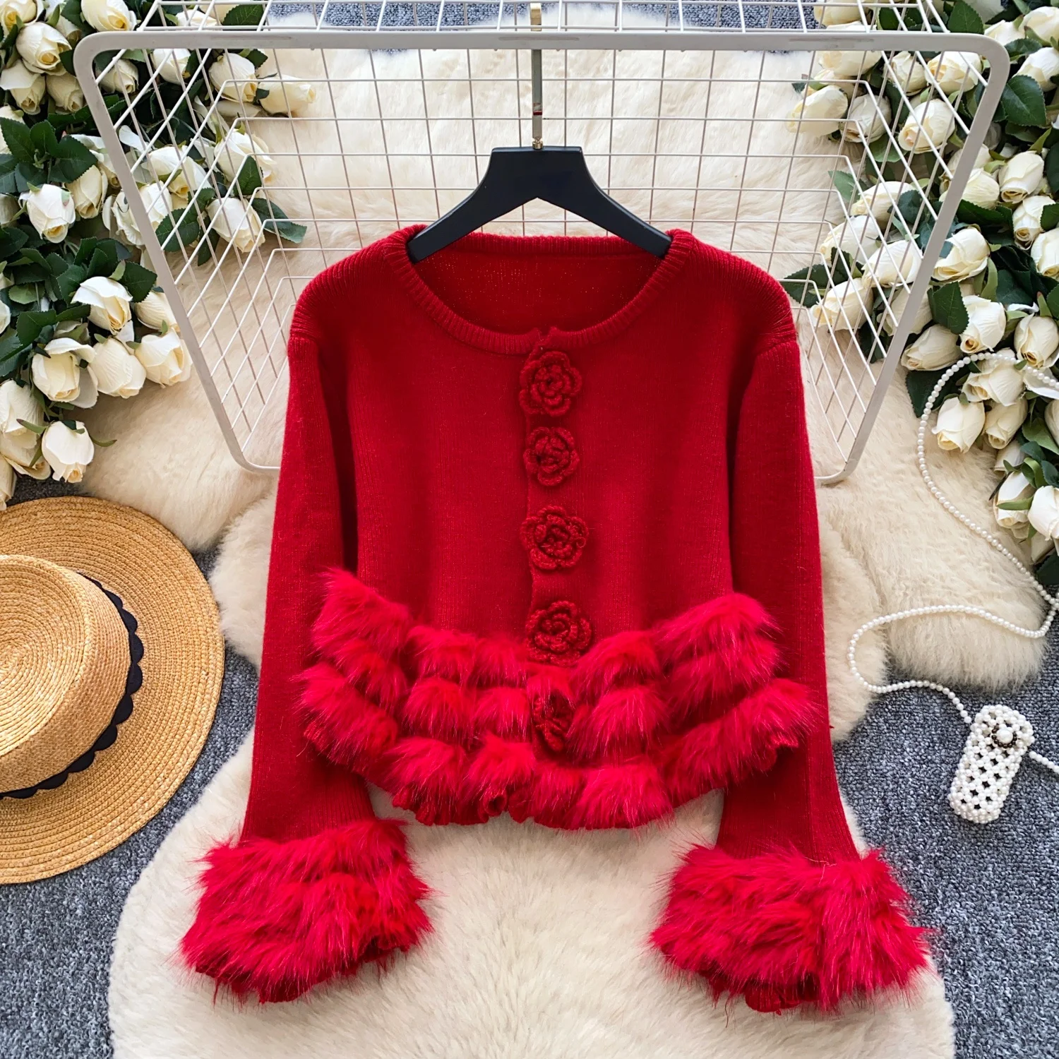 

Clothland Women Elegant Feather Flower Cardigan Knitwear Long Sleeve Sweater Jacket Shirt Cute Fashion Tops Blusa HA615