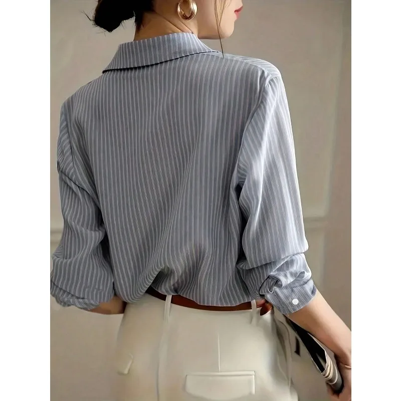 Plus Size 1XL-5XL New Women's Striped Shirt Long Sleeve Blue Shirt Autumn Gentle Chiffon Shirt Top image 5