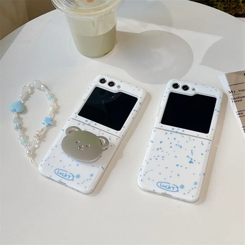 Simple Blue Ink Dot Bear Holder Phone Case for Samsung Galaxy ZFlip6 4 3 Hard Cover for Flip5 Flip3 Flip4 Solid Shell Bracket image 2