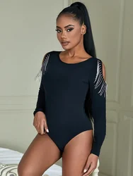 Comeondear Black Round Neck Casual Rompers Pajamas Oversized Bodysuits Lingerie Sexy Teddy Long Sleeve Tassel Leotard Underwear