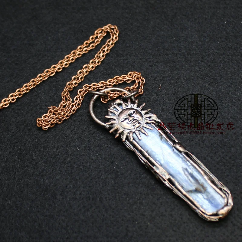 Jewelry Soldering Bronze Plated Irregular Natural Kyanite Quartz Stone Vintage Sun Pendants