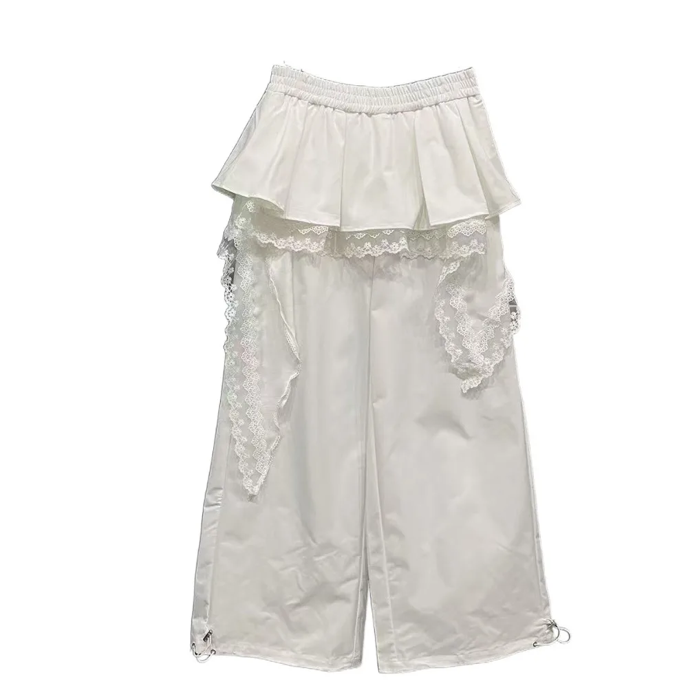 

Fashion Young Women Lace Patchwork Pants High Waist Hip Hop Lace Tiered Skirt Pants Drawstring Baggy Wide Leg Trousers Girls