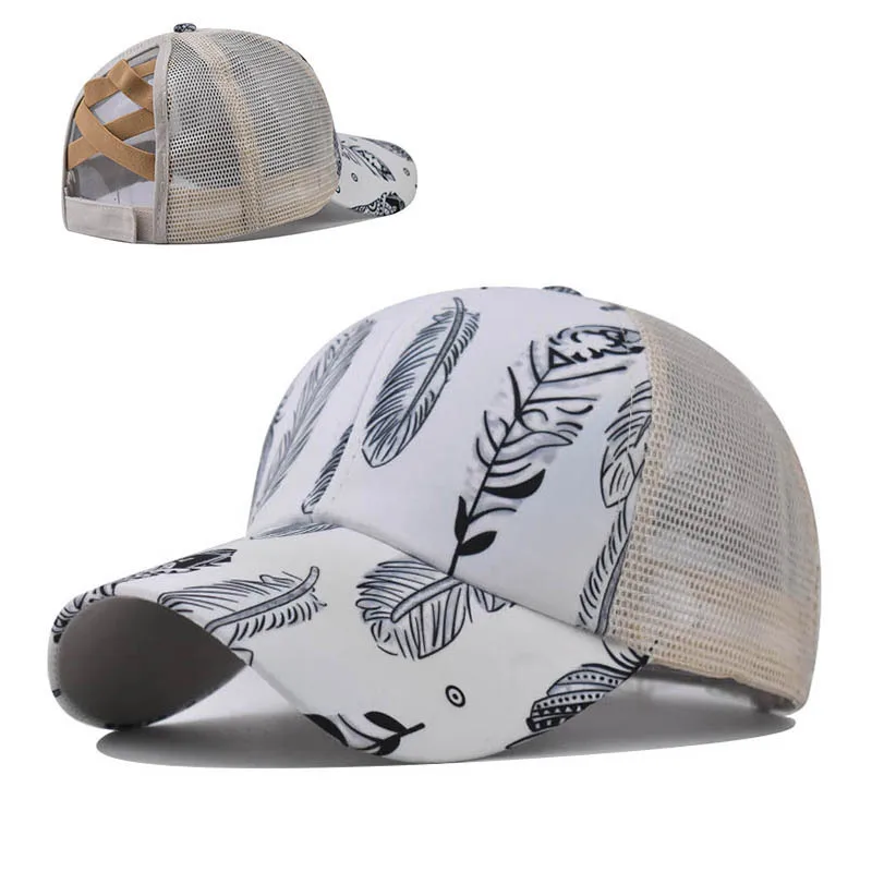 

Printed Feather Pattern Back Opening Hat Women s Ponytail Baseball Cap