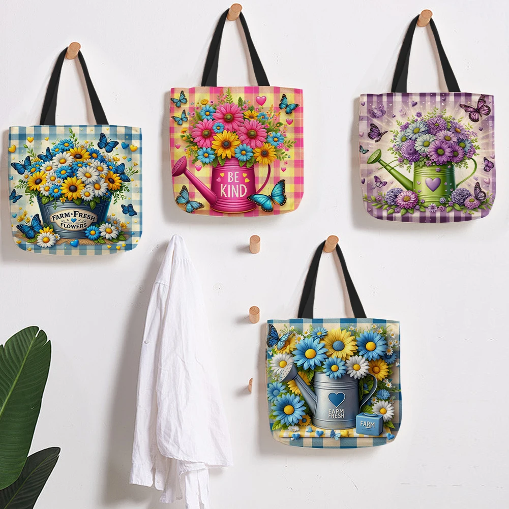 

Набор из 4 льняных сумок-тоут с цветочным принтом, вместительные женские сумки для покупок на плечо