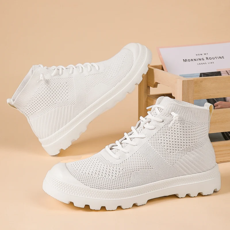 

Summer Knit Men Women Ankle Boots Lace-Up Platform Work Boots For Men New Design Breathable High Top Shoes Man botas para hombre