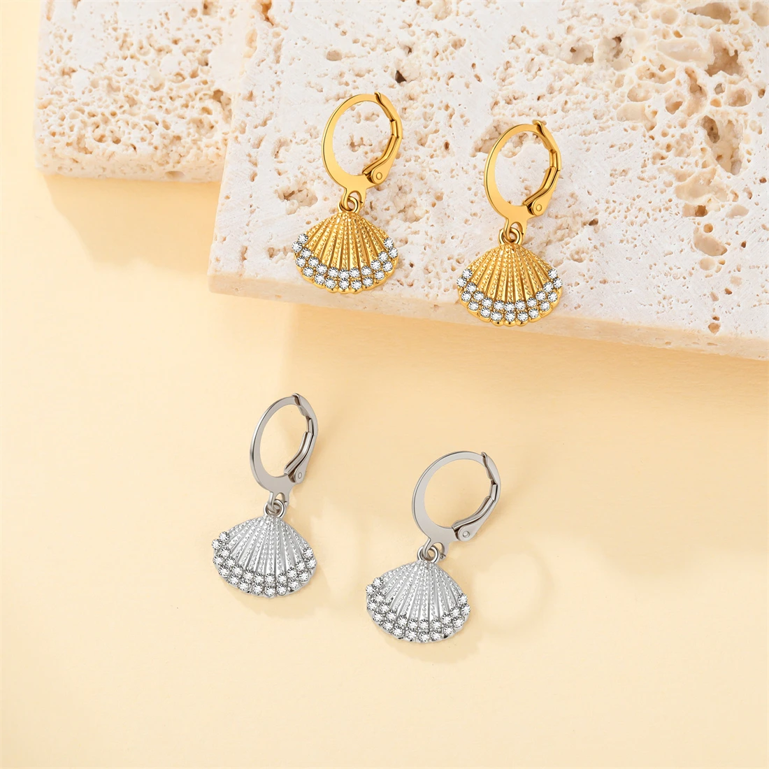 Eueavan Zirkon-Seestern-Muschel-Creolen aus Edelstahl, geometrische Ohrringe für den Sommerurlaub am Strand, für Damen, Party-Schmuck, Geschenk – Detail 22