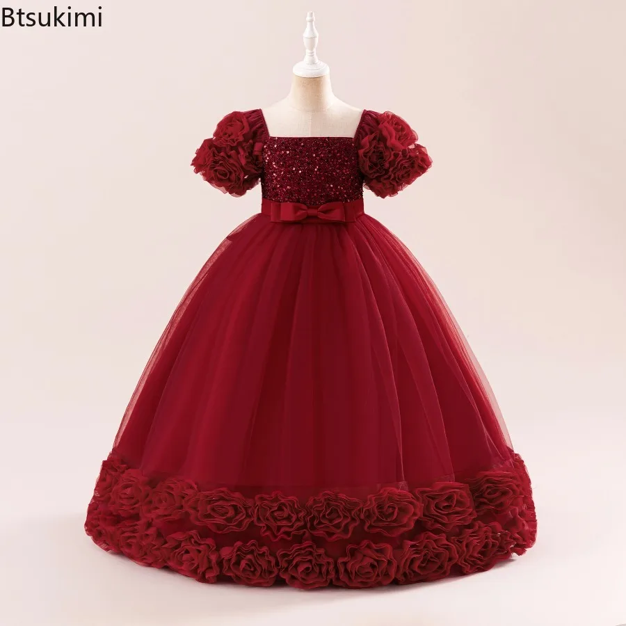 

3D Flower Party Princess Dress for Girls Christmas Gowns Birthday Prom Bow Tulle Bridesmaid Dresses Stage Show Cosplay Costumes