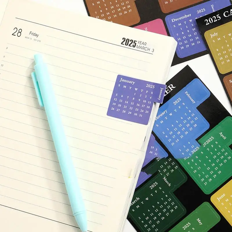 สติกเกอร์เดือน 2025 สติกเกอร์แท็บ 12 เดือนที่มีสีสันที่ถอดออกได้PlannerตารางDecalsแถบกาวDivider Page Markerสําหรับ