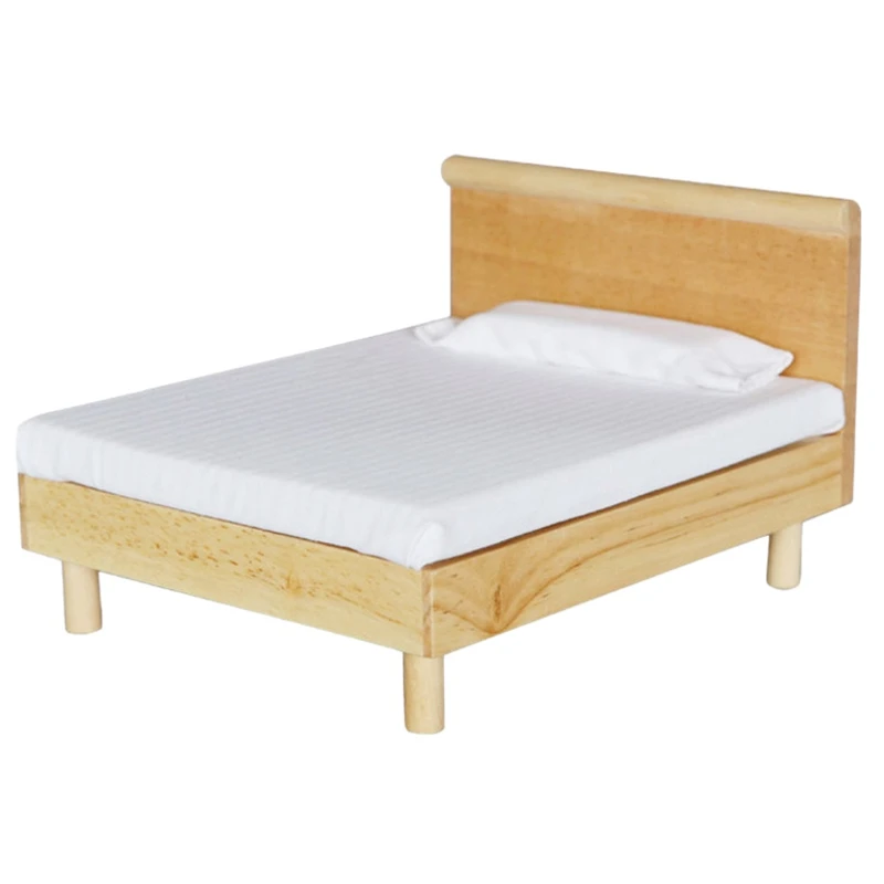 BAAA-1/12 Scale ตุ๊กตาเฟอร์นิเจอร์ Miniature ไม้เตียงคู่ตุ๊กตาอุปกรณ์เสริม House ของเล่น