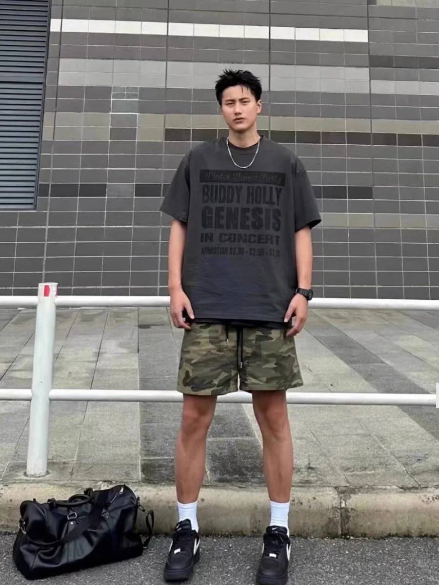 

Американская камуфляжная рабочая одежда в стиле ретро, мужские летние свободные прямые повседневные брюки пяти четвертей на шнуровке