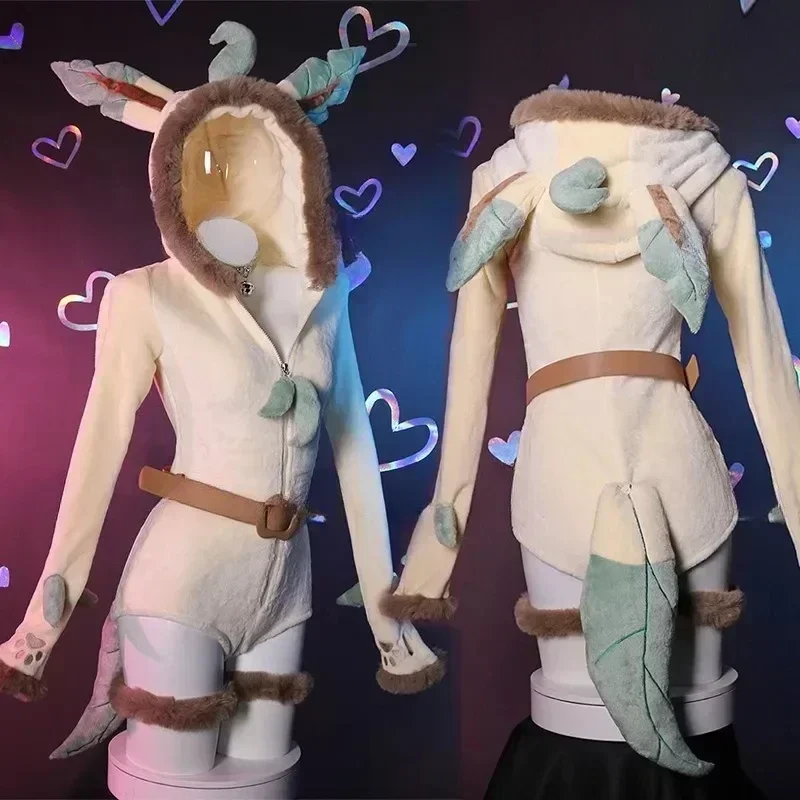

25NEW Eevee Cosplay Costume Women Sexy Flannel Hooded Bodysuit Socks Suit Bunny Girl Cute Cartoon Plush Pajamas Jumpsuit Uniform